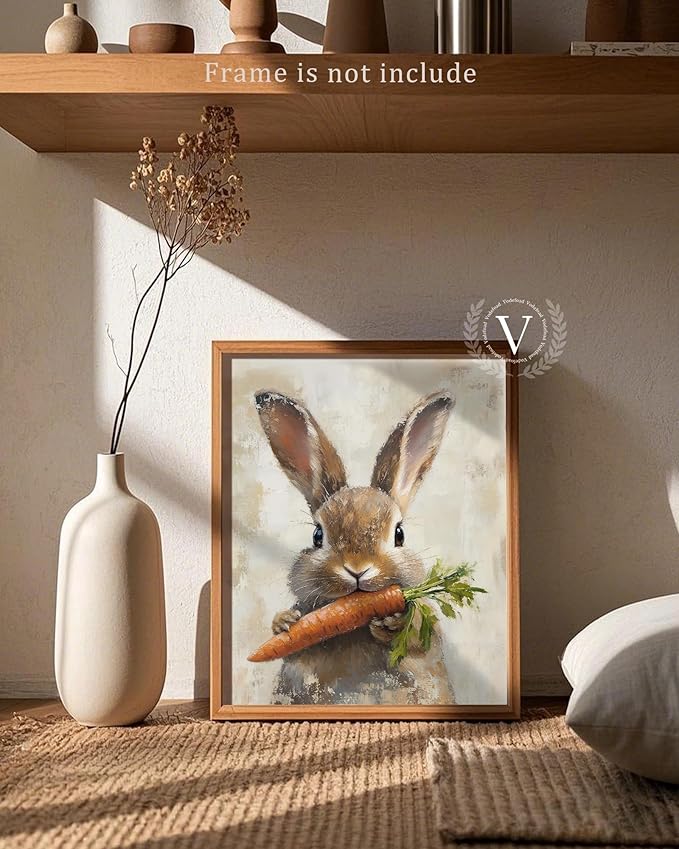 Vodefoad Carrot Rabbit Retro Vintage Canvas Wall Art Bunny Holding Carrot Canvas Cute Rustic Farmhouse Rabbit Wall Art Animal Nursery Decor, Spring Bunny Painting, Easter Bunny Print for Bedroom Bathroom Holiday Decor - 8x10Inch Unframe