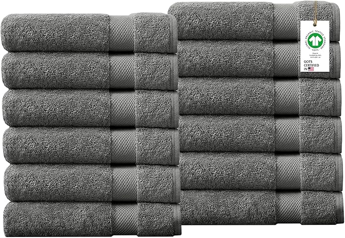 100% Organic Cotton Towels 650 GSM Plush Feather Touch Quick Dry Bath Towel, Pack of 12 GOTS Certified, Oeko-Tex Green Certified, Organic Cotton Bath Towel, 30"X58"