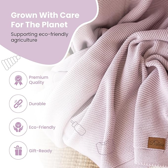 Dalisa 100% Organic Turkish Cotton Throw Blanket - GOTS Certified, Cozy - Perfect for Couch, Bed, and Home Decor - Boho Vintage Knit Alina (Lavender Frost, 60x80)