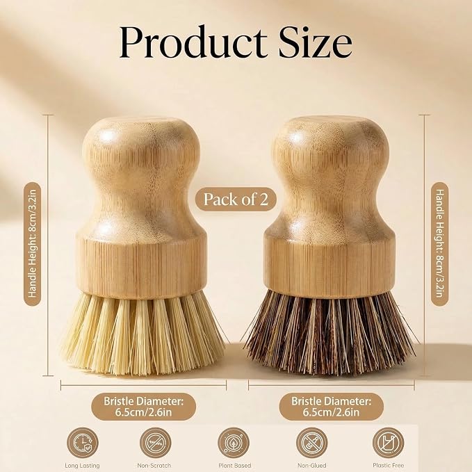 Bamboo Dish Brush Set – Natural Bamboo Brush with Sisal & Palm Bristles for Non-Stick Cookware, Pots, Vegetables, and Kitchen Cleaning - Eco-Friendly Vegetable Brush（2PCS）