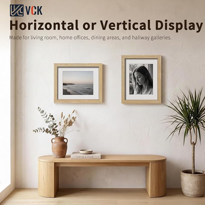VCK 11x14 Picture Frames Natural - 3 Pack, Wide Border Solid Wood, Tempered Glass, Display 8.5x11 Photo with Mat or 11 x 14 Without, for Home, Office, Gallery, Woodgrain Series, Wall Hanging