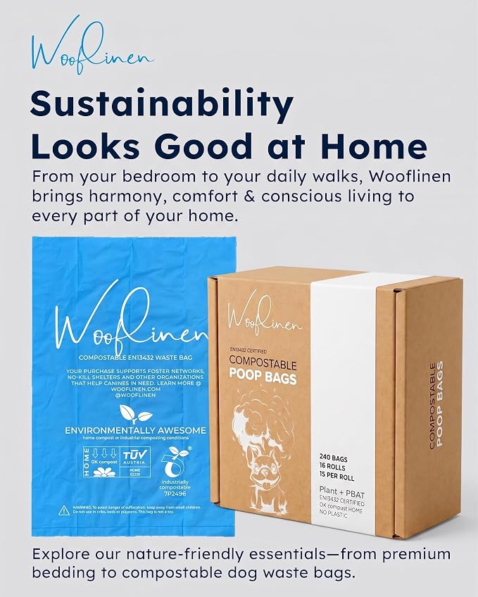 Wooflinen Home Compostable Dog Poop Bags – Leak-Proof Dog Poop Bags Rolls – Large 9x13”, Durable, Easy Tear – Made from Plant & PBAT Materials – For Big & Small Dogs – 240 Bags (16 Rolls)