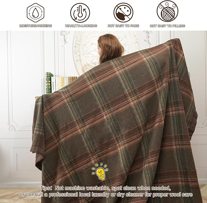 YOUR MOON 100% Pure Merino Wool Blanket Queen Size, Natural Australian Wool Blanket, Hypoallergenic Wool Blankets for Bed, Medium Weight(Plaid Brown, 90 * 90)