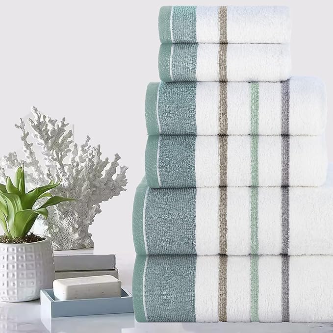 CASA COPENHAGEN White Bay 6Pcs 100% Egyptian Cotton Large Designer Towels Gift Set- Silver Grey - Sea Grass, 600GSM, 2Bath 2Hand 2Washcloths, Bath Towels for Bathroom (Gift Set for Women & Men)