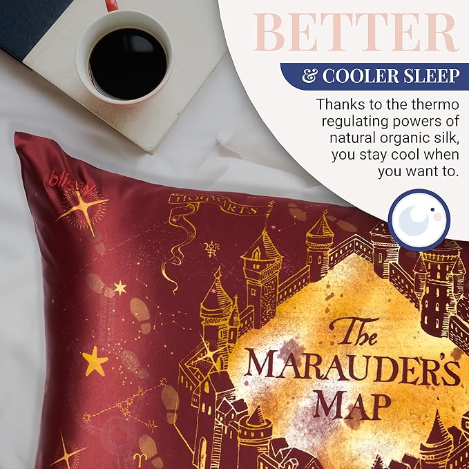 Blissy Silk Pillowcase - 100% Pure Mulberry Silk - 22 Momme 6A High-Grade Fibers - Silk Pillow Cover for Hair & Skin - Regular, Queen & King (Harry Potter - Marauder's Map, Standard)