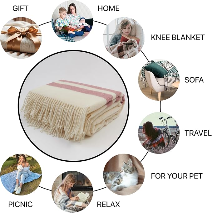 | Wool Blanket/Throw | 100% New Zealand Wool | Perfect for Home and Outdoors | Virgin Wool Blanket with Fringes 55"x79" (140 x 200 cm)
