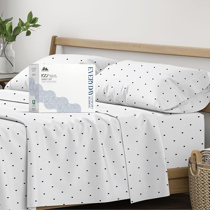 Mayfair Linen 100% Organic Cotton Printed Sheets California King Size - Percale Cotton Cal King Size Sheet Set (4 PC, Navy Polka Dot), Soft & Crisp, GOTS Certified, Cooling Sheets, 16" Deep Pocket