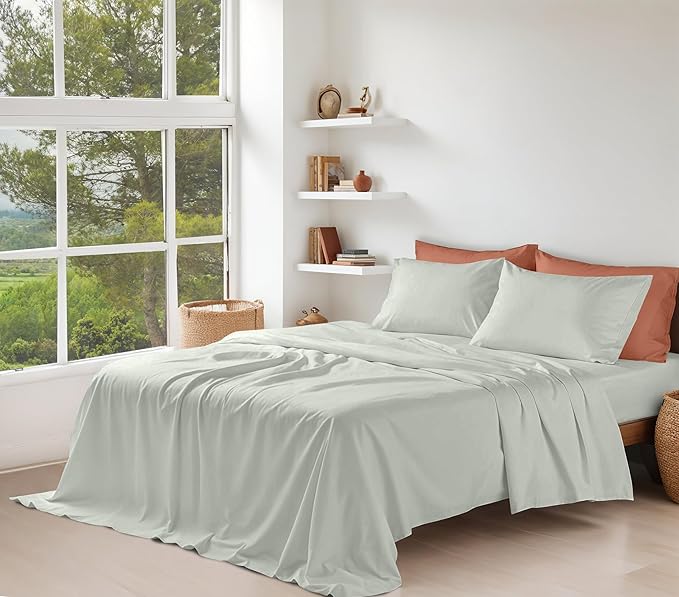 RUVANTI 100% Cotton Organic Percale Sheets Twin XL Size – Crisp Cooling Bed Sheets for Hot Sleepers, Deep Pocket 15”, Soft Peach Finish, Breathable & Durable Hotel-Style 3 Pcs, Mineral Gray