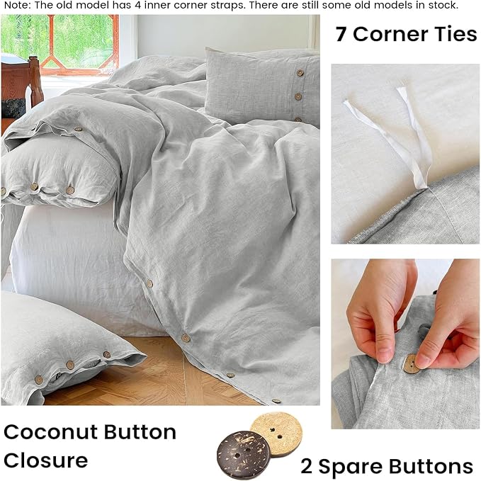 Simple&Opulence 100% Linen Duvet Cover Set 3pcs with Coconut Button Closure Natural French Washed Flax Solid Color Soft Breathable Farmhouse Bedding - Light Grey, Queen Size