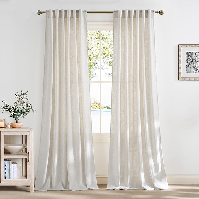 NICETOWN Linen Curtains 96 inch Long 2 Panels Set, 55" Wide Thick Organic Flax Linen Blend Privacy Window Drapes Rod Pocket & Back Tab with Light Filtering for Bedroom/Living Room, W55 x L96