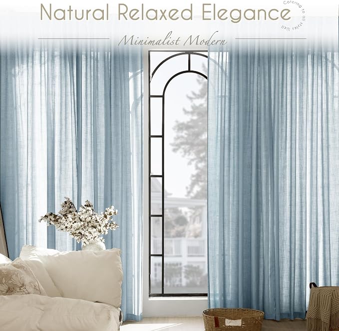 Dusty Blue Linen Curtains for Living Room Back Tab Light Filtering Semi Sheer Bedroom Curtain Linen Cotton Textured Grey Blue Drapery Panel Airy Modern Farmhouse Aesthetic Decor 52x102 Long