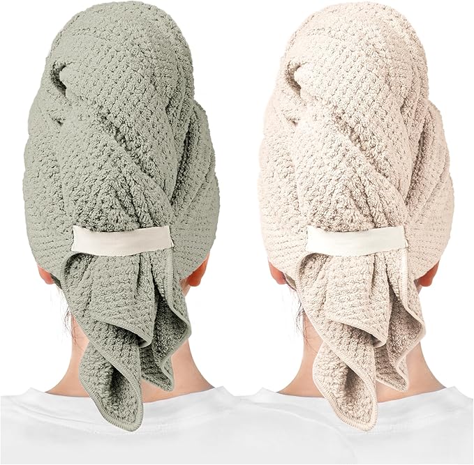 ROLSHOL 2 Packs Large Microfiber Hair Towels for Women, Super Absorbent & Quick Dry Hair Towel Wrap for Curly Hair Long & Short Hair- Anti-Frizz Hair Turbans for Wet Hair (Green & Clay)