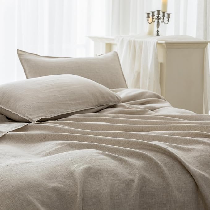 EVERLY Linen Sheets Set California King Size,100% French Stonewash Linen Sheets Set,4Pieces (1Flat Sheet,1Fitted Sheet,2Pillowcase) Suitable for Hot Sleepers,Deep Pocket Natural Bedding Set