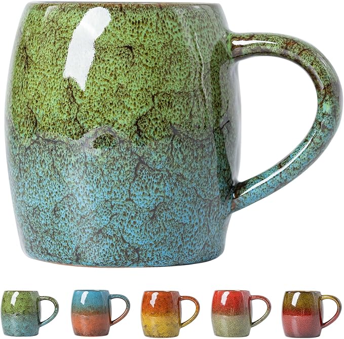 Handmade 22oz Ceramic Coffee Mug, Ergonomic Large Handle, Ideal Gift for Coffee Lovers, Microwave & Dishwasher Safe (Minute-Green&Blue)