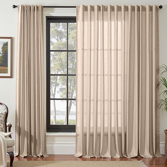 jinchan Extra Wide Sliding Door Curtain 108 Inch Length Taupe Linen Curtains Semi Sheer Drapes for Patio Door Living Room Bedroom Floor to Ceiling Light Filtering Drapes 100 Inches Wide 1 Panel