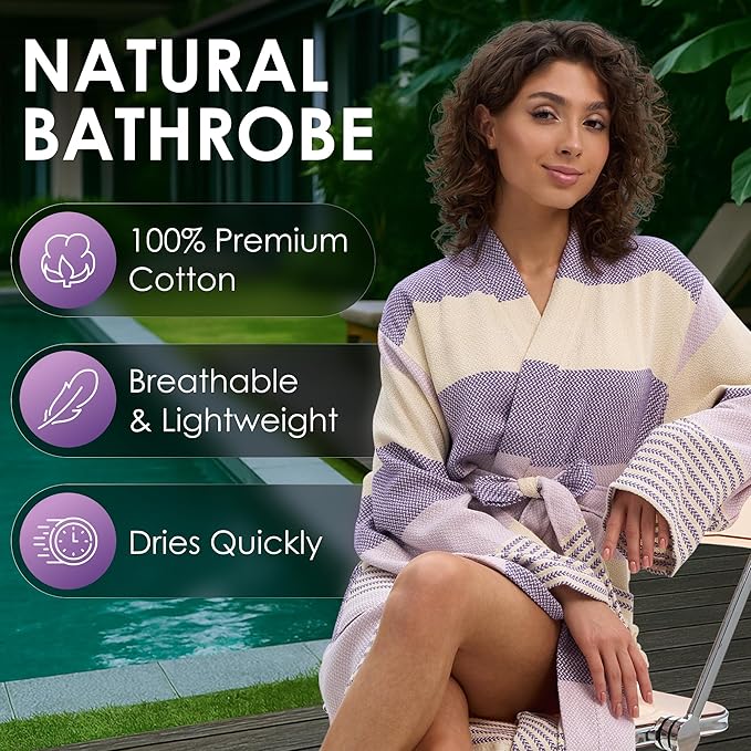 ATANI 100% Turkish Cotton Bathrobe S-XXL for Women & Men – Peshtemal Style Soft Cozy Lounge Robe, Absorbent & Lightweight