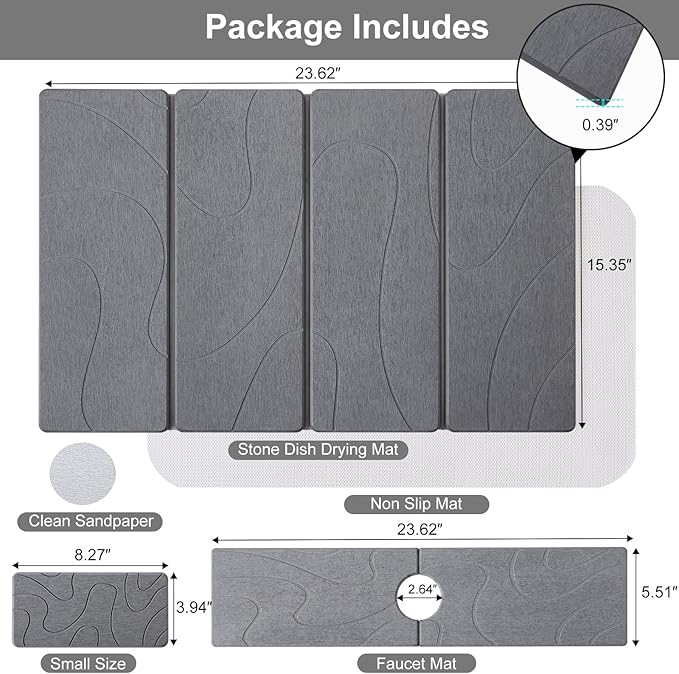 3 PCS Large Stone Dish Drying Mat for Kitchen Counter, Quick Dry Stone Dishes Mats, Sink Faucet Mat, Minimalist Water Absorbing Diatomaceous Earth Drying Pad for Countertop Tableware, Bottles