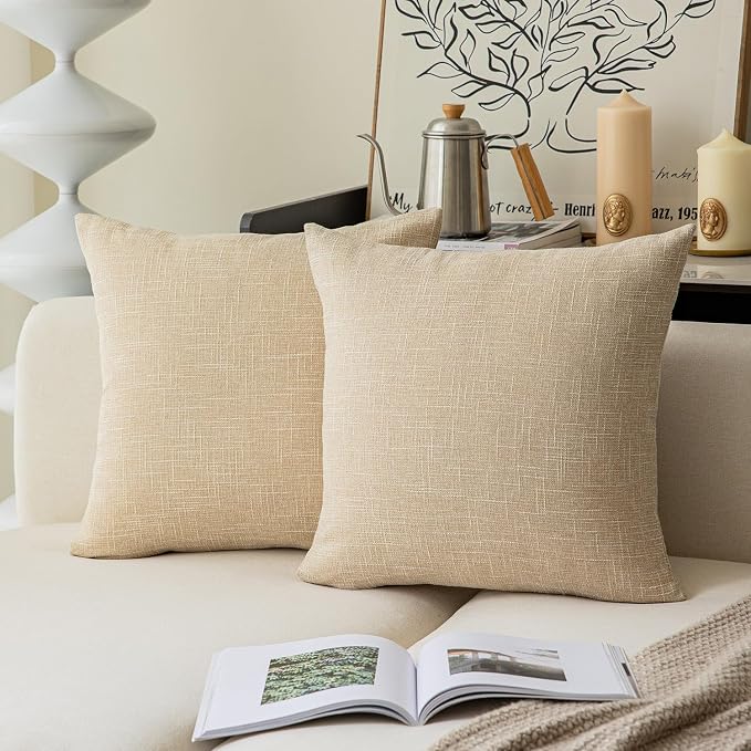 Kevin Textile Textural Faux Linen Throw Cushion Pillow Covers Shams for Couch, Invisible Zipper, 55x55CM (Set of 2, Cream Beige)