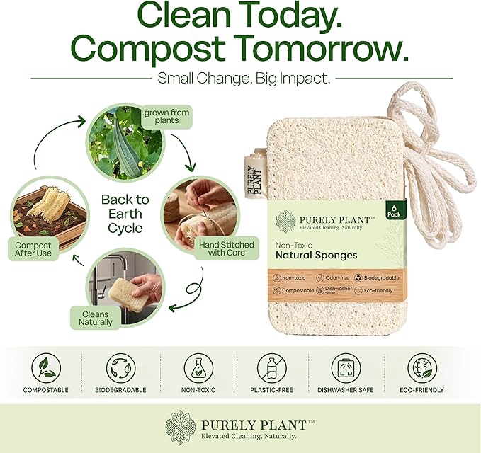 Purely Plant Loofah Dish Sponge 6 Pack–Non Toxic, 100% Plastic Free, Compostable & Biodegradable Premium Kitchen Scrubber, Plant Based, Non-Scratch Scouring Pad for Sink, Tile & Grout Cleaning Luffa