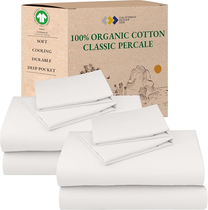 California Design Den Pack of 2 King Size Sheets Set - 100% Organic Cotton Bedsheets, Crisp and Breathable Percale Feel, Deep Pockets, Lightweight Bedding Set - True Ivory