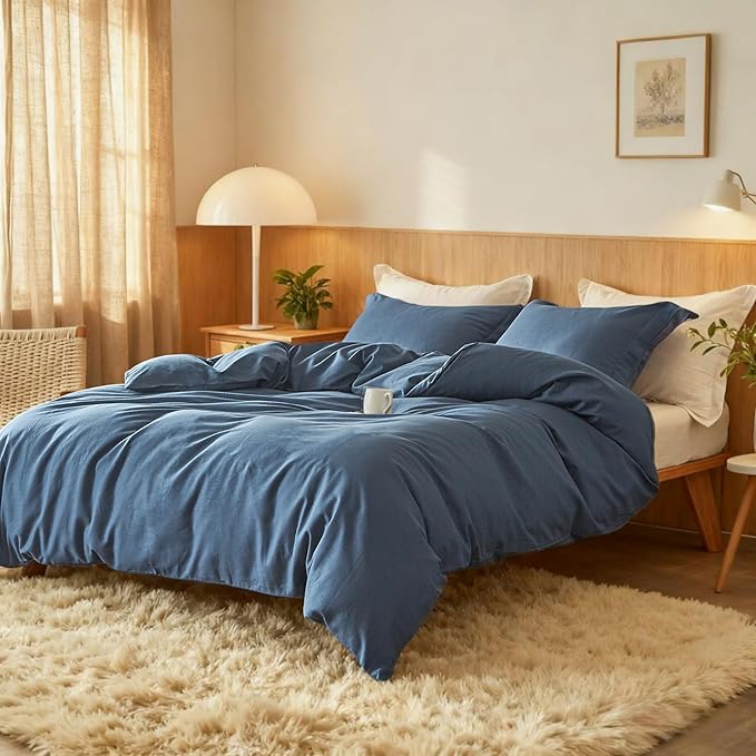 Simple&Opulence French Linen Duvet Cover Set 88" x 92"- 3 Pieces (1 Comforter Cover,2 Pillowcases)- Natural Flax Cotton Blend-Solid Color Breathable Farmhouse Bedding-Navy Blue, Queen