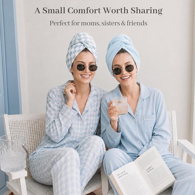 ROLSHOL Cotton Hair Towel Wrap for Women, 2 Pack 100% Cotton Hair Drying Towels for Long, Thick & Curly Hair, 32" x 11" Large Hair Turban for Wet Hair with Elastic Band (Blue)