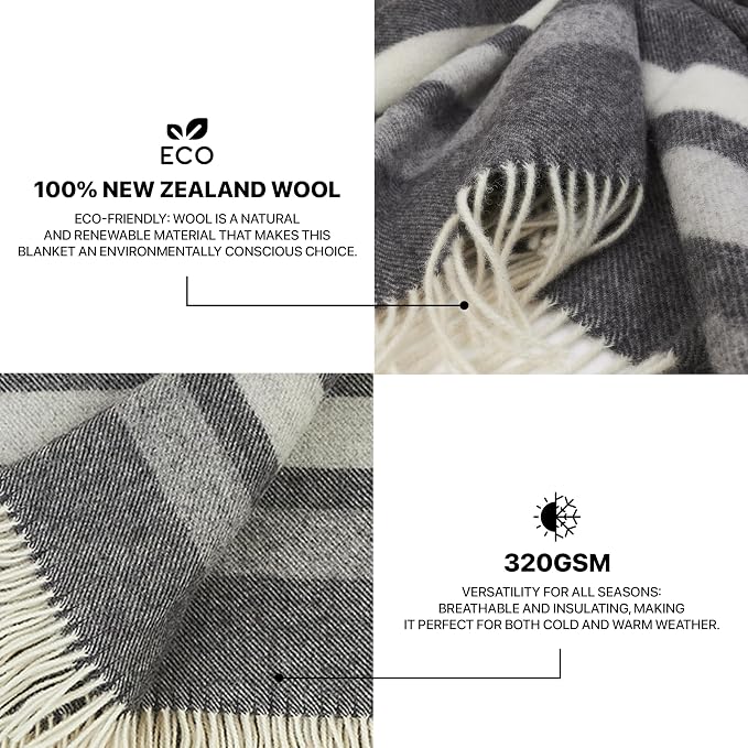 | Wool Blanket/Throw | 100% New Zealand Wool | Perfect for Home and Outdoors | Virgin Wool Blanket with Fringes 55"x79" (140 x 200 cm) (Moon Grey)
