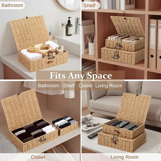 Newtay Set of 4 Woven Wicker Storage Baskets with Lids, Decorative Storage Boxes Lidded Rattan Organizer Bin Home Decor for Shelf, Coffee Table, Closet, Bathroom, Living Room(Paper Rope,Natural Color)