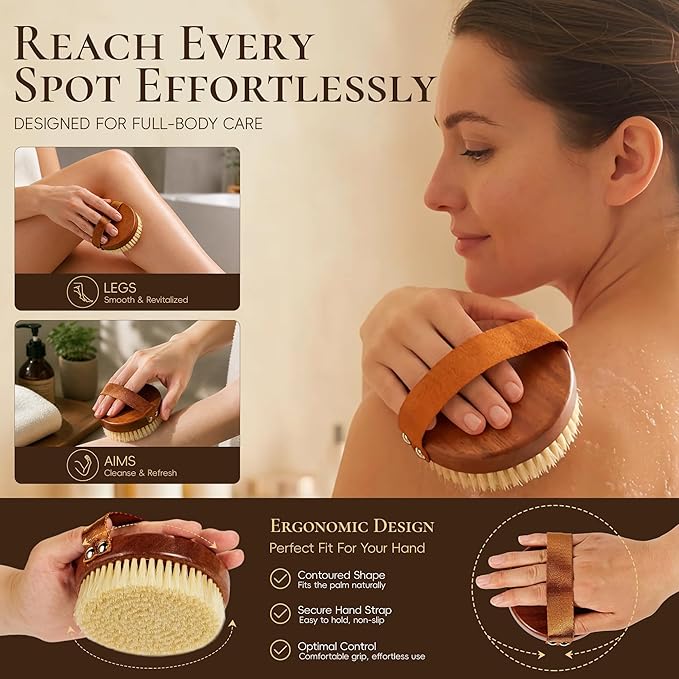 DEBETOOL Dry Brushing Body Brush - Natural Boar Bristle Exfoliating Brush for Lymphatic Drainage & Cellulite, Medium Firmness Body Brush for Dry Skin Self Care
