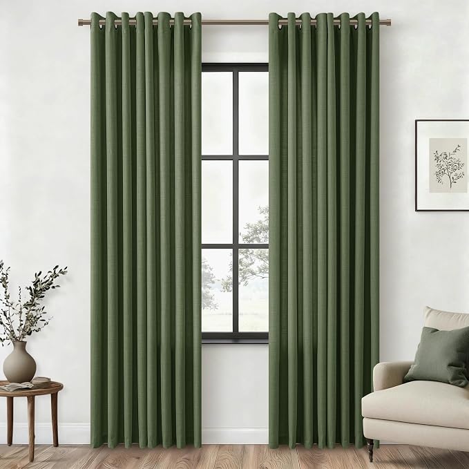 Olive Green Linen Curtains 86 Inch Long 2 Panels Set for Bedroom Dining Room Grommet Semi Sheer Thick Flax Linen Drapes Boho Farmhouse Elegant Moss Green 86 Inch Curtains for Living Room 52x86