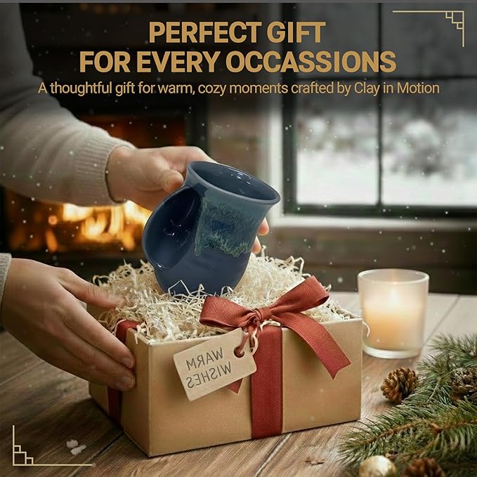 Clay in Motion Hand Warmer Coffee Mug – Handmade Coffee Mug With Comfortable Handle Contoured Pocket Hand Warming Ceramic Coffee Mug – Proudly Made in USA – Left Handed – 14 Oz - Stormy Night