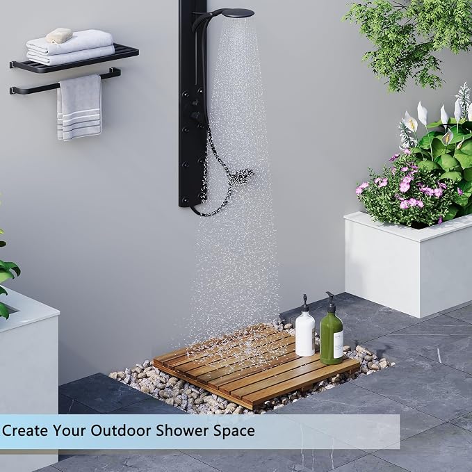 Solid Acacia Wood Shower Mat, Non Slip Bathroom Mat (19.6"×19.6“, Medium) Sturdy Floor Mat for Spa Home or Outdoor Shower, Easy to Clean, Quick Drying
