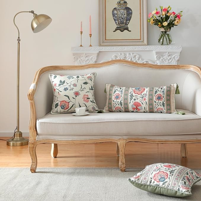 ISAENNE Design Lumbar Retro Elegance Linen Throw Pillow Covers 12"x28" Pack of 2, Green Pink Floral Pattern Cushion Covers Rectangle Decor Pillowcases for Bed,Living Room,Outdoor,Car