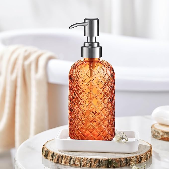 14 Oz Refillable Glass Soap Dispenser with Rust Proof Stainless Steel Pump, for Dispense Hand soap, Body wash, Lotion (Orange)