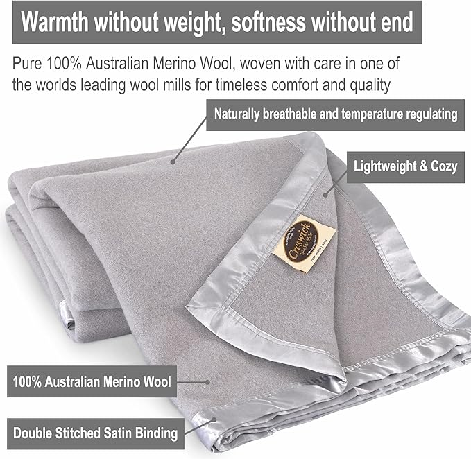 Creswick Woollen Mills 100% Australian Merino Wool Blanket – Soft Warm and Natural with Satin Binding, Breathable Luxury Bedding for All Seasons, (Light Gray, Throw)