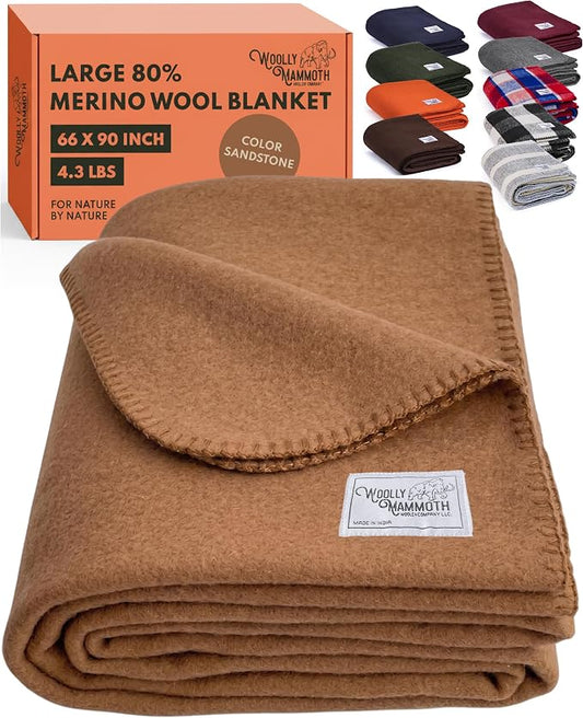 Woolly Mammoth Woolen Company Merino Wool Blanket, 66" x 90" Sandstone | Temperature Regulating - Fire-Resistant - Warm Camping Blanket for Car Emergency Kits, Picnics, Summer Festivals and Stadiums