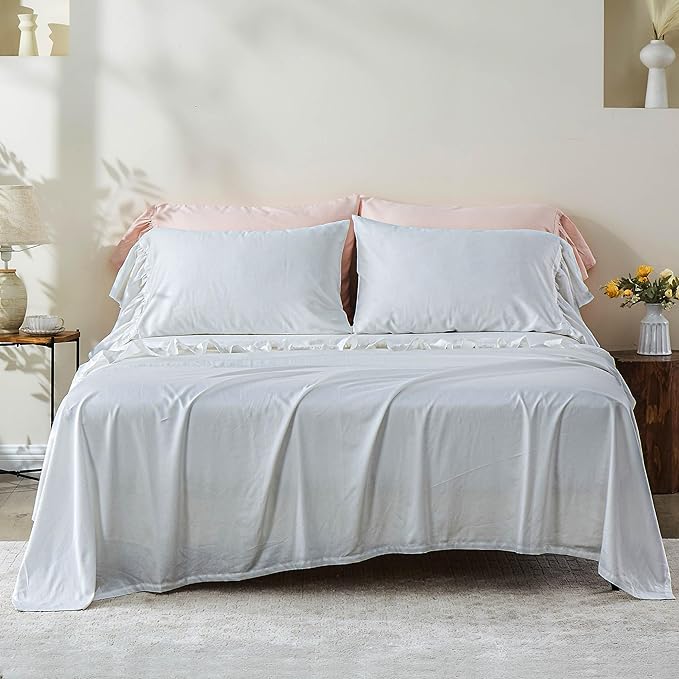 Simple&Opulence 100% Organic Cotton Sheet Set, Long Ruffle Bed Sheets (1 Flat Sheet, 1 Fitted Sheet and 2 Pillowcases) Elegant Shabby Chic Bedding Farmhouse Charming Vintage - White, Full