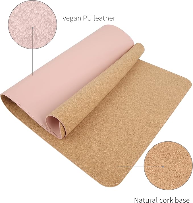 RENMTURE Dual-Sided Mouse Pad, Natural Cork & PU Leather Large Desk Pad for Office and Home Work, Desk Protector Non-Slip, Waterproof, Easy Clean (Pink, 36"x17")