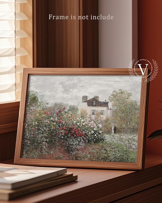 Vodefoad Vintage Rose Garden Wall Decor, Country Landscape Wall Art, Cottage Flower Garden Landscape Oil Art Print, Pastoral Style Retro Wall Decor for Gallery Living Room Bedroom (UNFRAMED 8x10in)