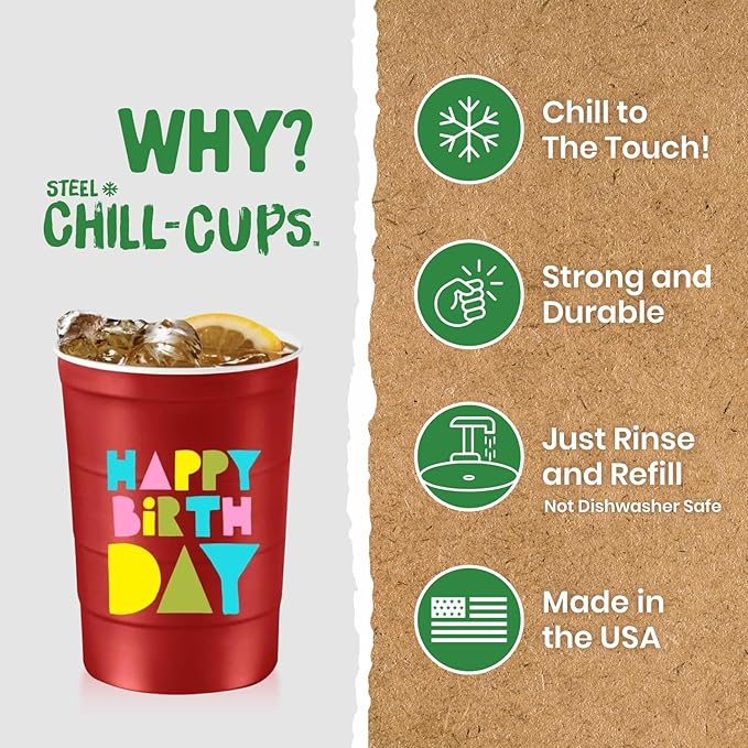 Steel Chill Cups 16 oz. Party Cups 'Happy Birthday' Balloon Design for Cold Drinks, Durable, Disposable, Recyclable, Made in USA, Red, 12 Count