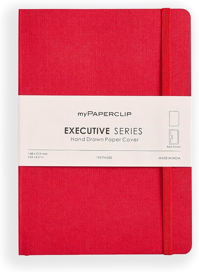 myPAPERCLIP Executive Series A5 Plain Notebook | 192 Pages, 80 GSM, Soft Cover, A5 (5.83 x 8.27 in) | Flat Lay | Bookmark, Elastic Closure & Back Pocket | Red