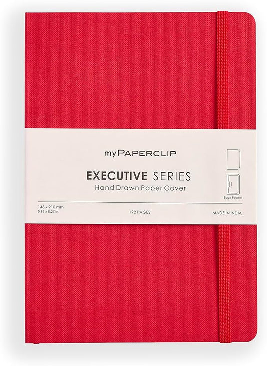 myPAPERCLIP Executive Series A5 Plain Notebook | 192 Pages, 80 GSM, Soft Cover, A5 (5.83 x 8.27 in) | Flat Lay | Bookmark, Elastic Closure & Back Pocket | Red