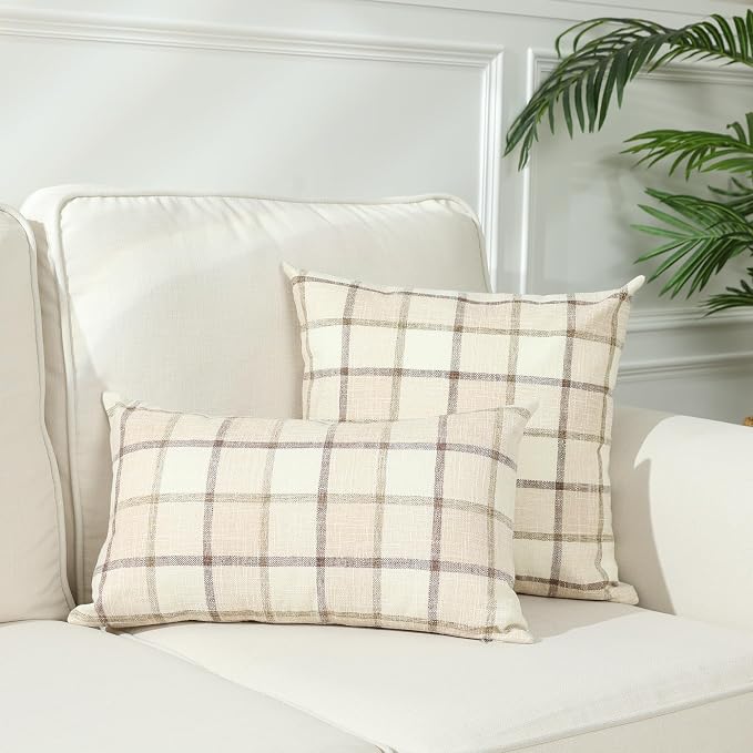 Stellhome Fall Linen Buffalo Check Throw Pillow Covers, Autumn Farmhouse Plaid Decorative Cushion Covers for Couch Sofa Living Room, Pack of 2, 18x18 Inch, Beige
