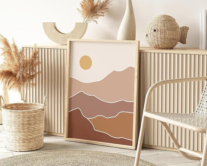 Abstract Mountain Landscape Wall Art Sun Rolling Hills Earth Tones Terracotta Mid Century Modern 24x36 Inch Oak Wood Beige Framed Minimalist Scenery Print for Nursery Decor