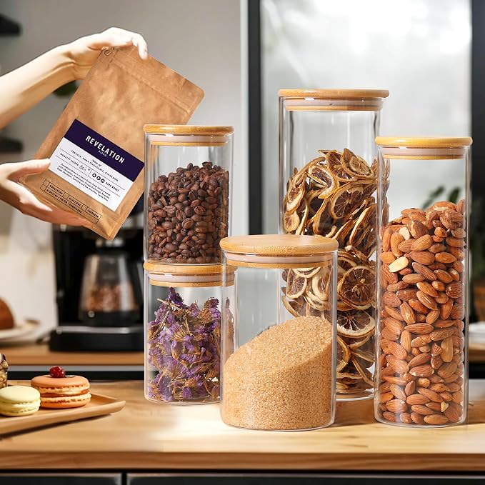 ComSaf Set of 12 Glass Storage Containers with Lids, Glass Jars with Bamboo Lids, Clear Food Storage Jar, Round Glass Canister, Pantry Organizers and Storage for Pasta Flour Rice Coffee Bean