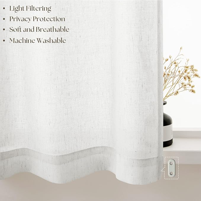 Off White Semi Sheer Linen Bathroom Curtains 36 Inch Long 2 Panels | Ivory, Curtain for Kitchen Laundry Over Sink, Privacy Assured with Light Through, Aesthetic, Rod Pocket Drapes, 25x36 Inches