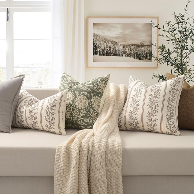 Vintage Throw Pillow Covers 24x24 Set of 2, Striped Floral Pillow Cover Botanical Patterned Decorative Cushion Covers Modern Farmhouse Home Decor for Sofa Couch Bed Living Room, Almond