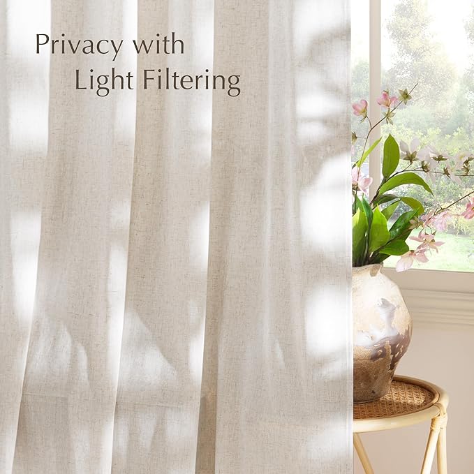 NICETWON Linen Curtains for Living Room, Rod Pocket & Back Tab Semi Sheer Window Treatments Light Filtering Drapes Privacy for Bedroom, Vannila, W55 x L96, 2 Panels