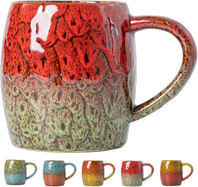 Handmade 22oz Ceramic Coffee Mug, Ergonomic Large Handle, Ideal Gift for Coffee Lovers, Microwave & Dishwasher Safe (Bas-Relief - Red&Green)