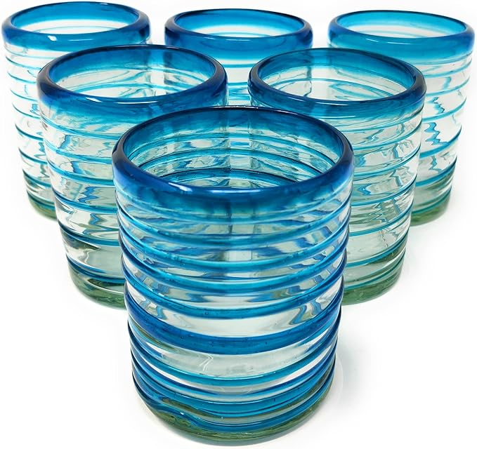 Dos Sueños Hand Blown Mexican Drinking Glasses – Set of 6 Tumbler Glasses with an Aqua Spiral Design (10 oz each)